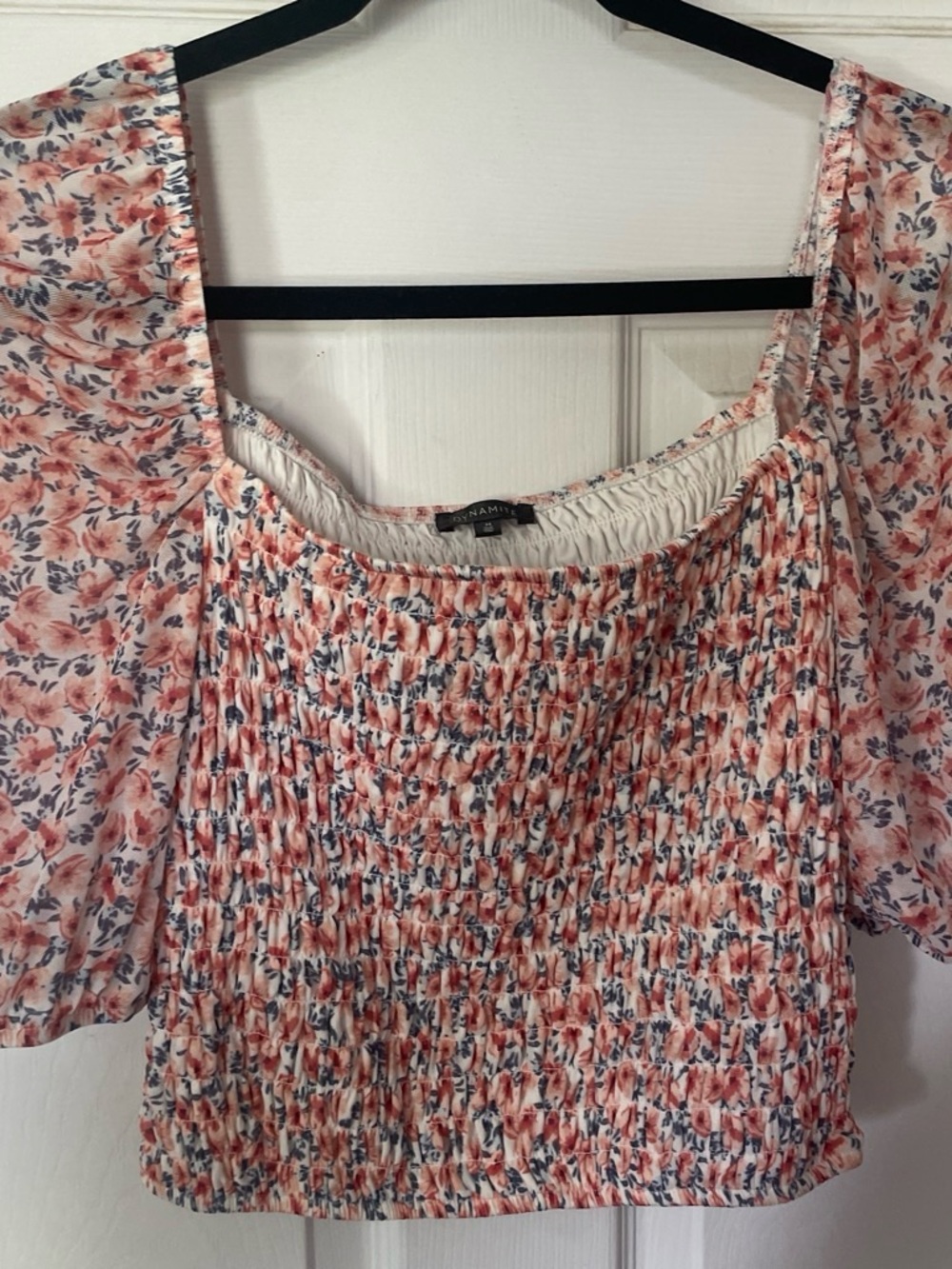 Dynamite Floral Smocked Top in Coral, Navy & Cream